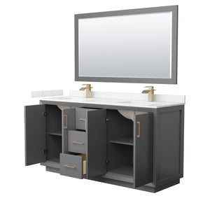 Strada 66 Inch Double Bathroom Vanity in Dark Gray Carrara Cultured Marble Countertop Undermount Square Sink Satin Bronze Trim 58 Inch Mirror