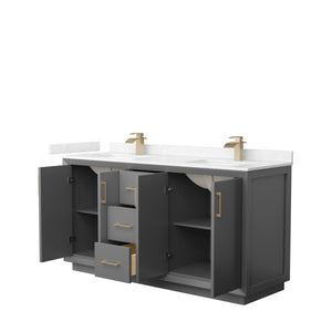 Strada 66 Inch Double Bathroom Vanity in Dark Gray Carrara Cultured Marble Countertop Undermount Square Sink Satin Bronze Trim