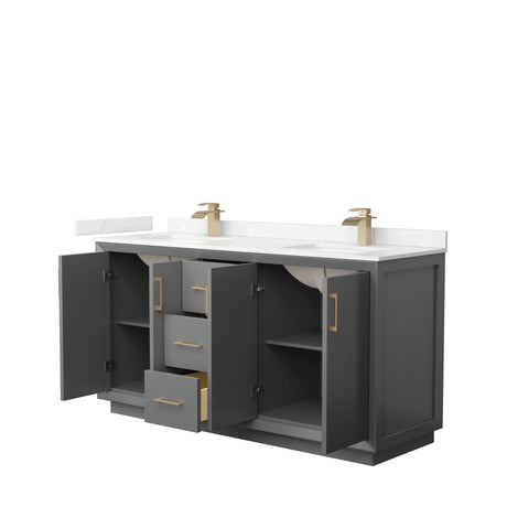 Strada 66 Inch Double Bathroom Vanity in Dark Gray Carrara Cultured Marble Countertop Undermount Square Sink Satin Bronze Trim