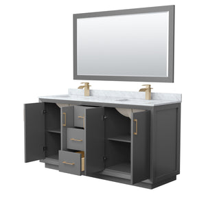 Strada 66 Inch Double Bathroom Vanity in Dark Gray White Carrara Marble Countertop Undermount Square Sink Satin Bronze Trim 58 Inch Mirror