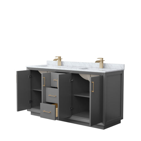 Strada 66 Inch Double Bathroom Vanity in Dark Gray White Carrara Marble Countertop Undermount Square Sink Satin Bronze Trim