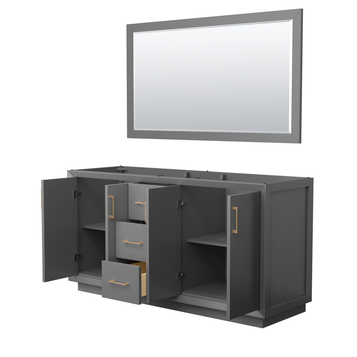 Strada 66 Inch Double Bathroom Vanity in Dark Gray No Countertop No Sink Satin Bronze Trim 58 Inch Mirror