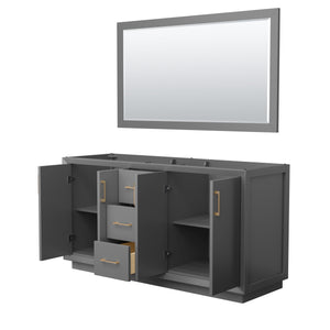 Strada 66 Inch Double Bathroom Vanity in Dark Gray No Countertop No Sink Satin Bronze Trim 58 Inch Mirror