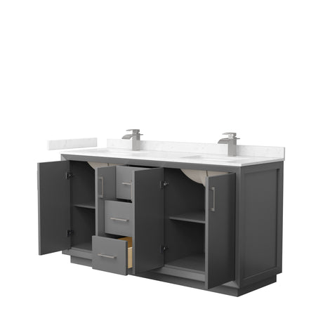 Strada 66 Inch Double Bathroom Vanity in Dark Gray Carrara Cultured Marble Countertop Undermount Square Sink Brushed Nickel Trim