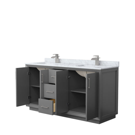 Strada 66 Inch Double Bathroom Vanity in Dark Gray White Carrara Marble Countertop Undermount Square Sink Brushed Nickel Trim