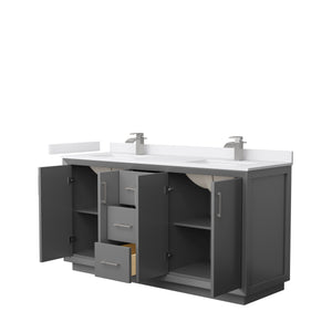 Strada 66 Inch Double Bathroom Vanity in Dark Gray White Cultured Marble Countertop Undermount Square Sink Brushed Nickel Trim