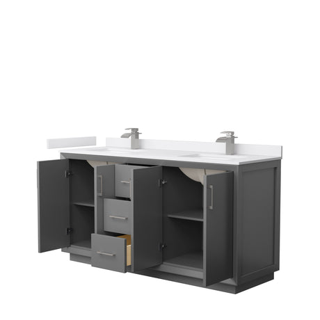 Strada 66 Inch Double Bathroom Vanity in Dark Gray White Cultured Marble Countertop Undermount Square Sink Brushed Nickel Trim