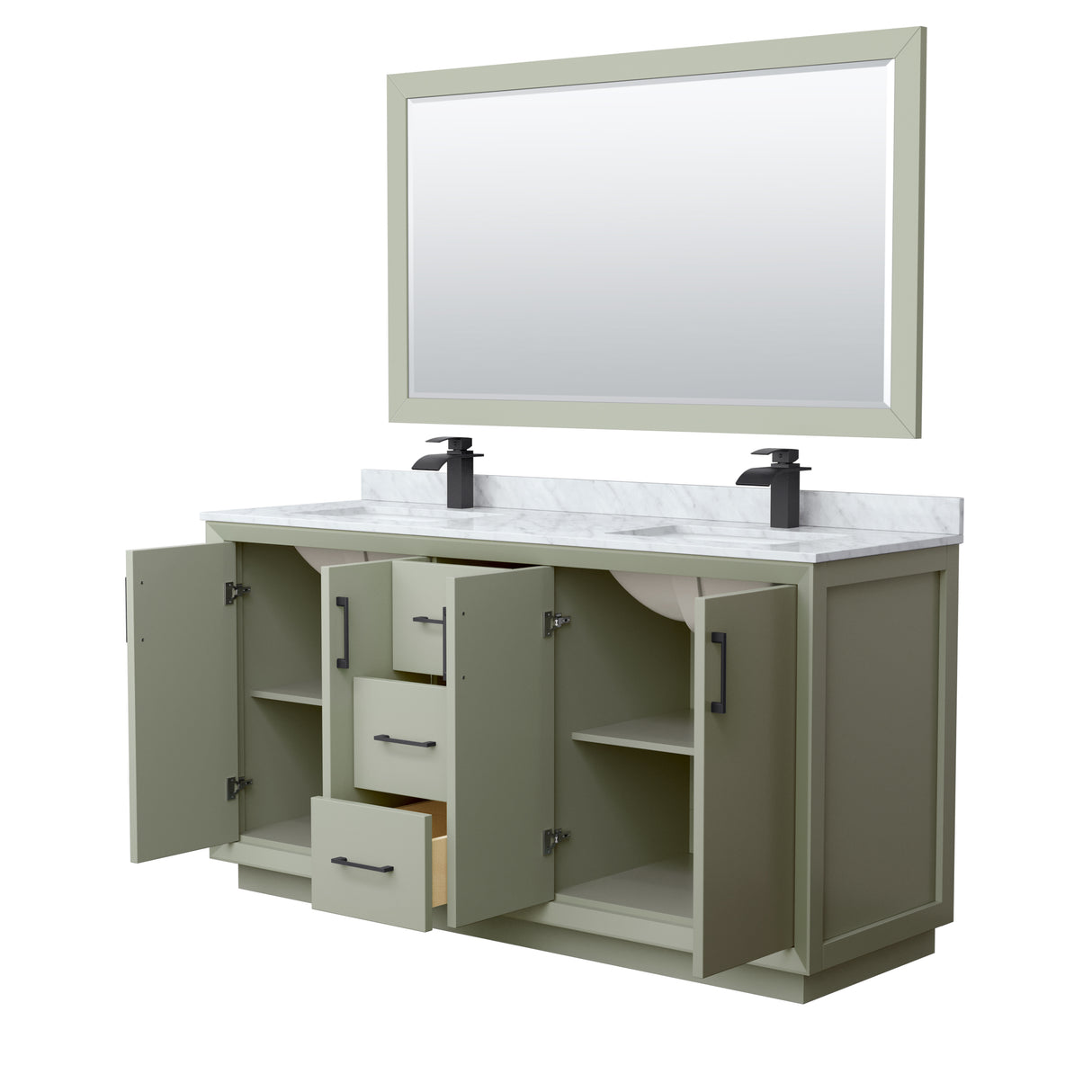 Strada 66 Inch Double Bathroom Vanity in Light Green White Carrara Marble Countertop Undermount Square Sinks Matte Black Trim 58 Inch Mirror