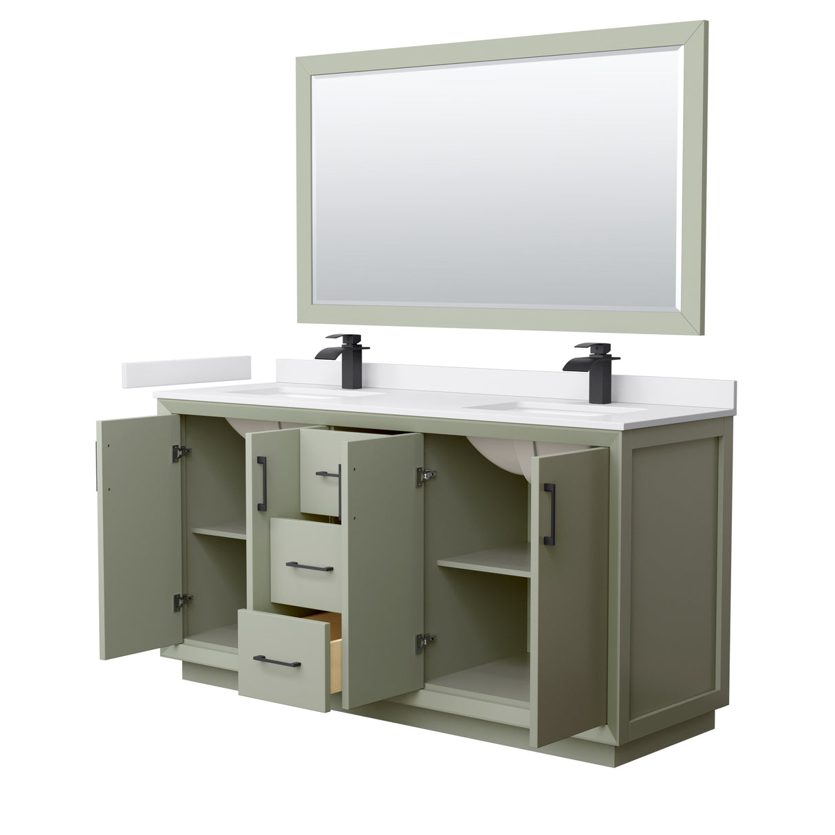 Strada 66 Inch Double Bathroom Vanity in Light Green White Cultured Marble Countertop Undermount Square Sinks Matte Black Trim 58 Inch Mirror