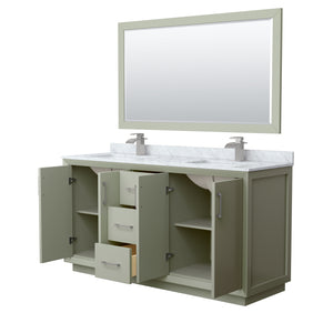 Strada 66 Inch Double Bathroom Vanity in Light Green White Carrara Marble Countertop Undermount Square Sinks Brushed Nickel Trim 58 Inch Mirror