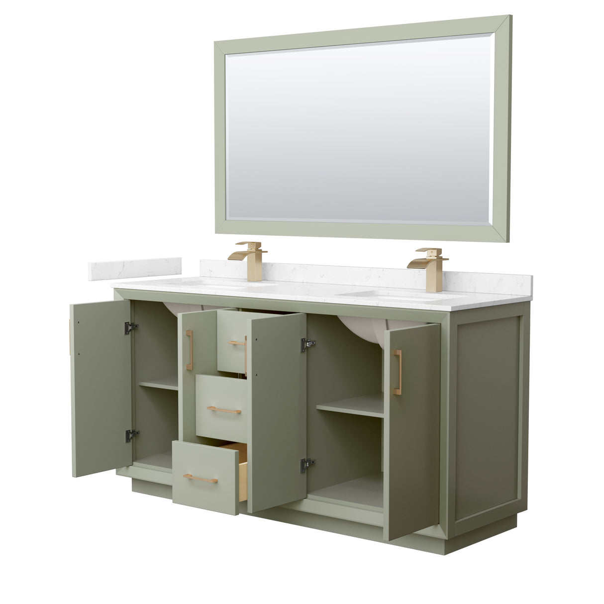 Strada 66 Inch Double Bathroom Vanity in Light Green Carrara Cultured Marble Countertop Undermount Square Sinks Satin Bronze Trim 58 Inch Mirror