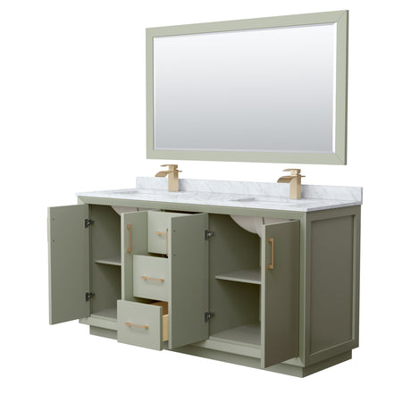 Strada 66 Inch Double Bathroom Vanity in Light Green White Carrara Marble Countertop Undermount Square Sinks Satin Bronze Trim 58 Inch Mirror