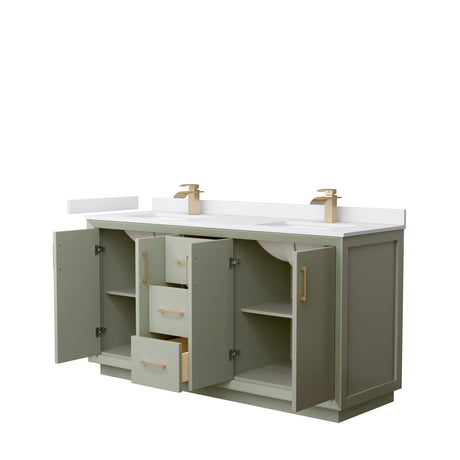 Strada 66 Inch Double Bathroom Vanity in Light Green White Cultured Marble Countertop Undermount Square Sinks Satin Bronze Trim