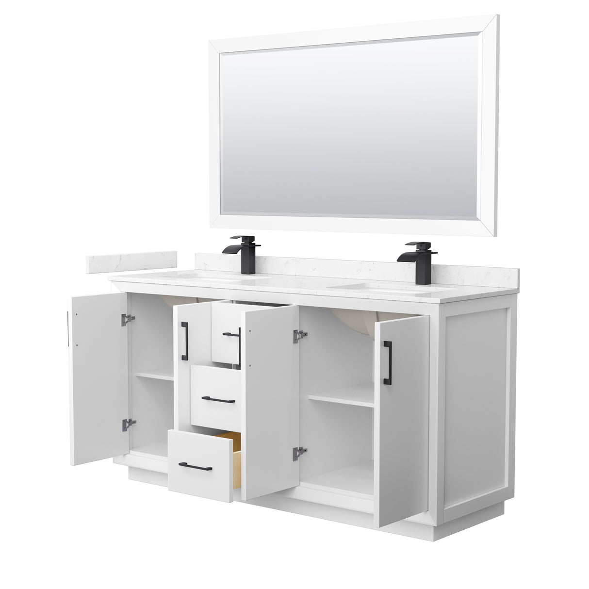 Strada 66 Inch Double Bathroom Vanity in White Carrara Cultured Marble Countertop Undermount Square Sink Matte Black Trim 58 Inch Mirror