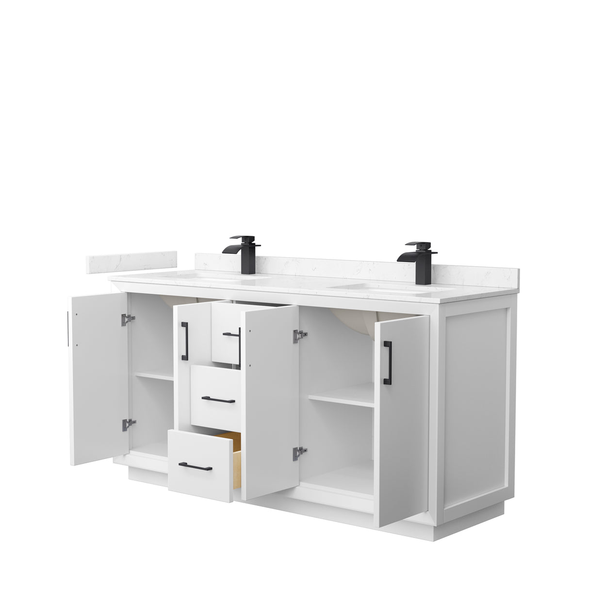 Strada 66 Inch Double Bathroom Vanity in White Carrara Cultured Marble Countertop Undermount Square Sink Matte Black Trim