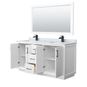 Strada 66 Inch Double Bathroom Vanity in White White Carrara Marble Countertop Undermount Square Sink Matte Black Trim 58 Inch Mirror