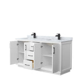 Strada 66 Inch Double Bathroom Vanity in White White Carrara Marble Countertop Undermount Square Sink Matte Black Trim