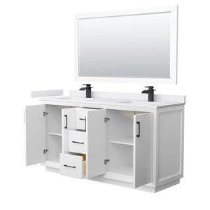 Strada 66 Inch Double Bathroom Vanity in White White Cultured Marble Countertop Undermount Square Sink Matte Black Trim 58 Inch Mirror