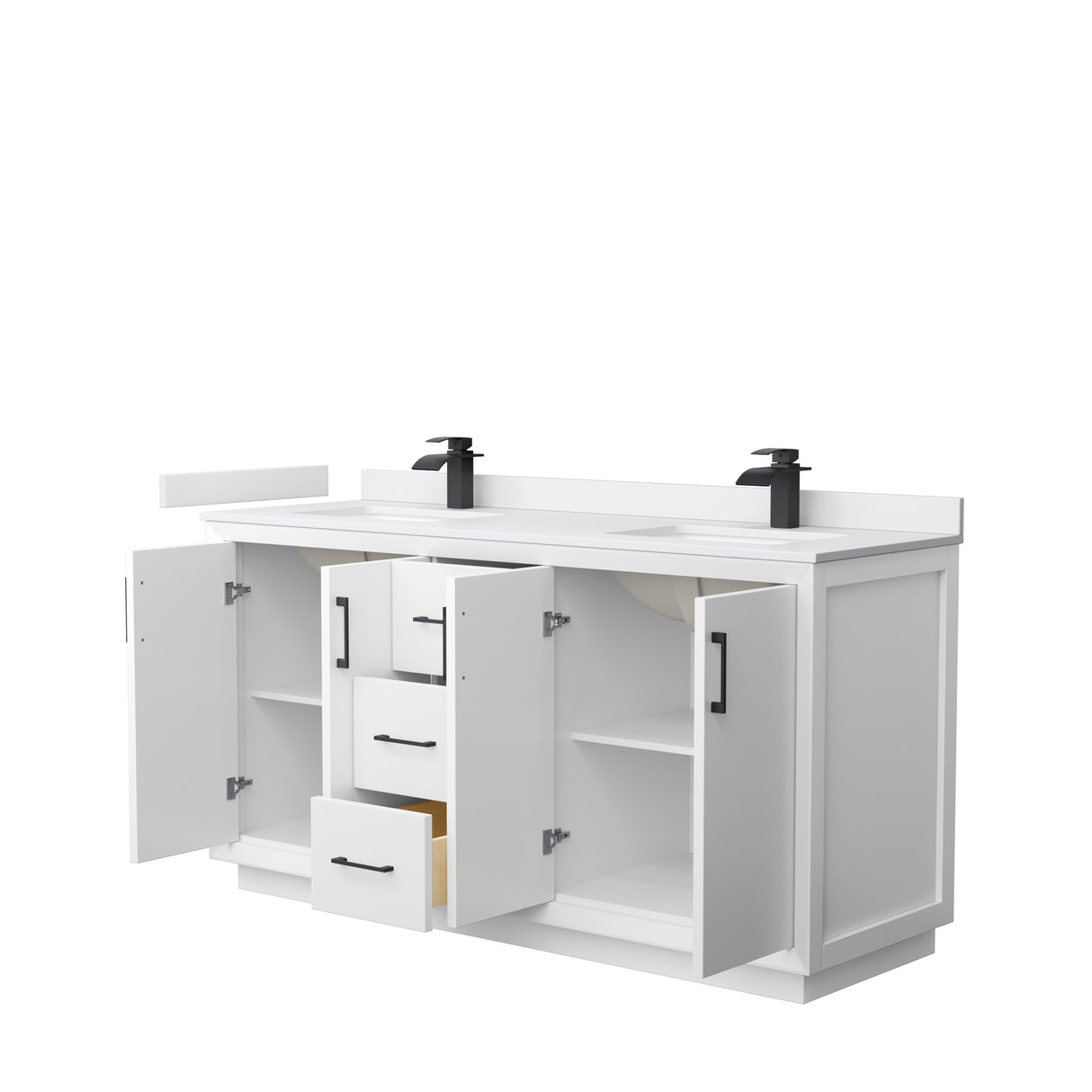 Strada 66 Inch Double Bathroom Vanity in White White Cultured Marble Countertop Undermount Square Sink Matte Black Trim