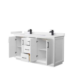Strada 66 Inch Double Bathroom Vanity in White White Cultured Marble Countertop Undermount Square Sink Matte Black Trim