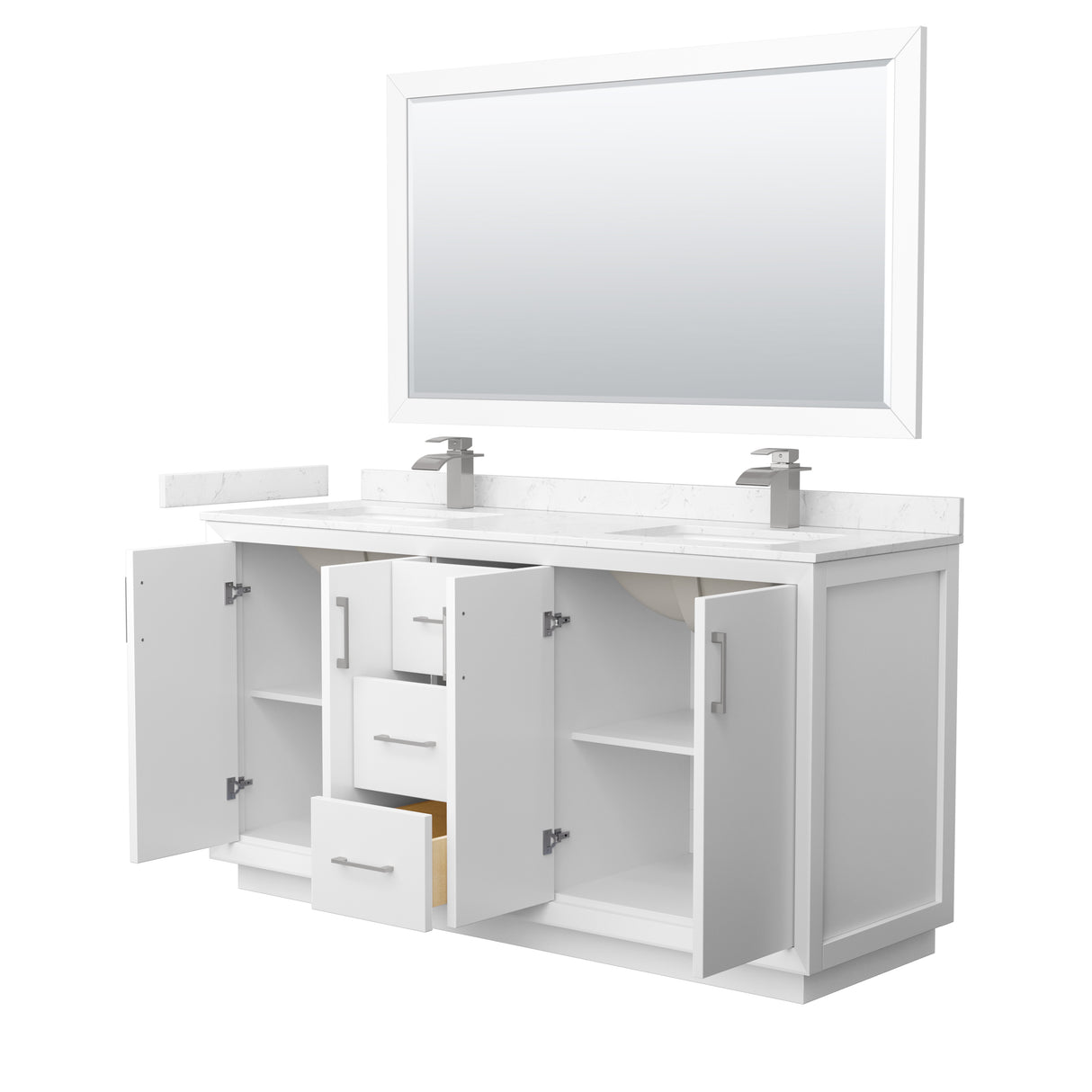 Strada 66 Inch Double Bathroom Vanity in White Carrara Cultured Marble Countertop Undermount Square Sink Brushed Nickel Trim 58 Inch Mirror