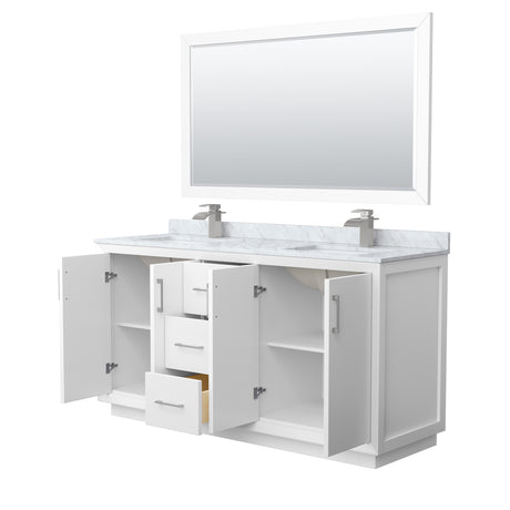 Strada 66 Inch Double Bathroom Vanity in White White Carrara Marble Countertop Undermount Square Sink Brushed Nickel Trim 58 Inch Mirror