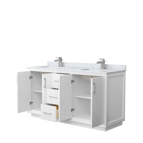 Strada 66 Inch Double Bathroom Vanity in White White Carrara Marble Countertop Undermount Square Sink Brushed Nickel Trim