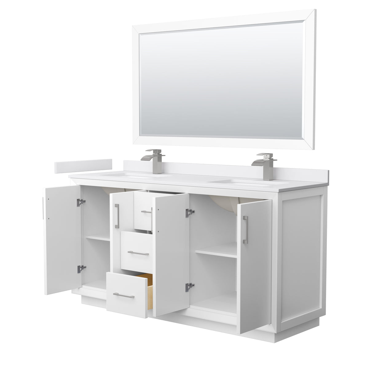 Strada 66 Inch Double Bathroom Vanity in White White Cultured Marble Countertop Undermount Square Sink Brushed Nickel Trim 58 Inch Mirror