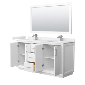 Strada 66 Inch Double Bathroom Vanity in White White Cultured Marble Countertop Undermount Square Sink Brushed Nickel Trim 58 Inch Mirror