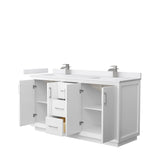Strada 66 Inch Double Bathroom Vanity in White White Cultured Marble Countertop Undermount Square Sink Brushed Nickel Trim