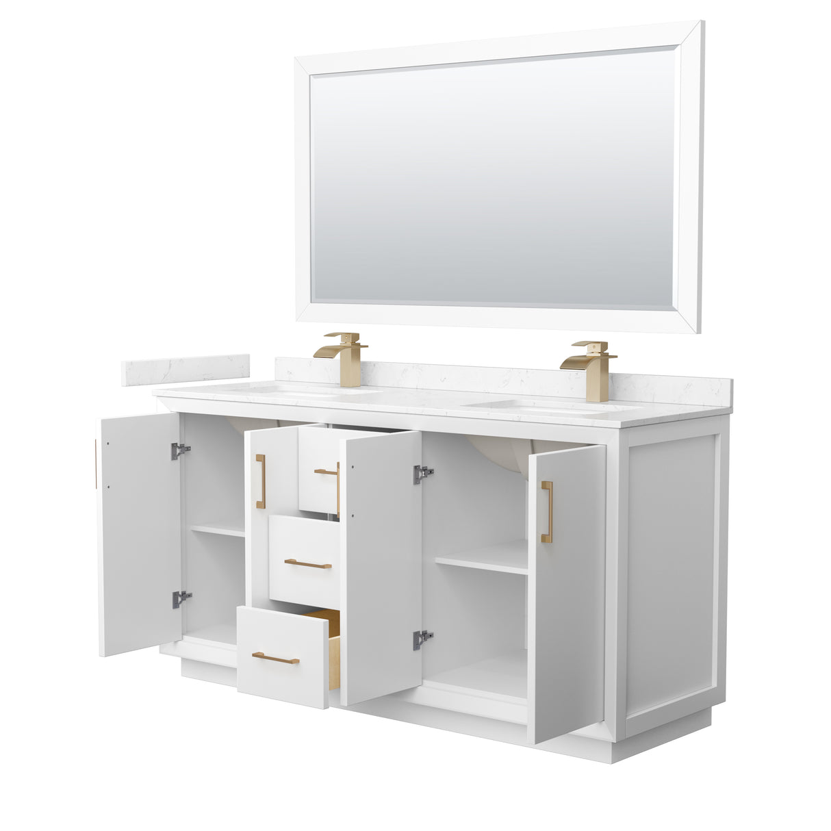 Strada 66 Inch Double Bathroom Vanity in White Carrara Cultured Marble Countertop Undermount Square Sink Satin Bronze Trim 58 Inch Mirror