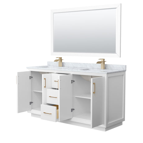 Strada 66 Inch Double Bathroom Vanity in White White Carrara Marble Countertop Undermount Square Sink Satin Bronze Trim 58 Inch Mirror
