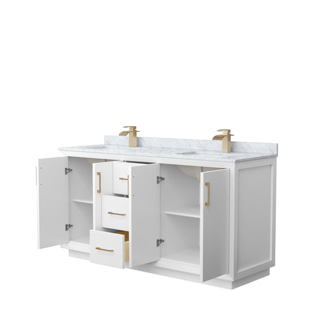 Strada 66 Inch Double Bathroom Vanity in White White Carrara Marble Countertop Undermount Square Sink Satin Bronze Trim
