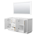 Strada 66 Inch Double Bathroom Vanity in White No Countertop No Sink Satin Bronze Trim 58 Inch Mirror