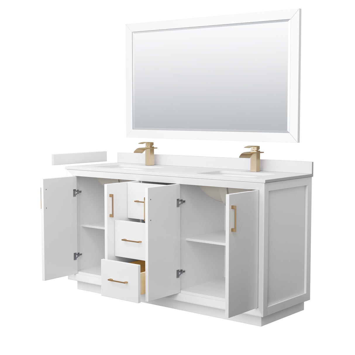 Strada 66 Inch Double Bathroom Vanity in White White Cultured Marble Countertop Undermount Square Sink Satin Bronze Trim 58 Inch Mirror