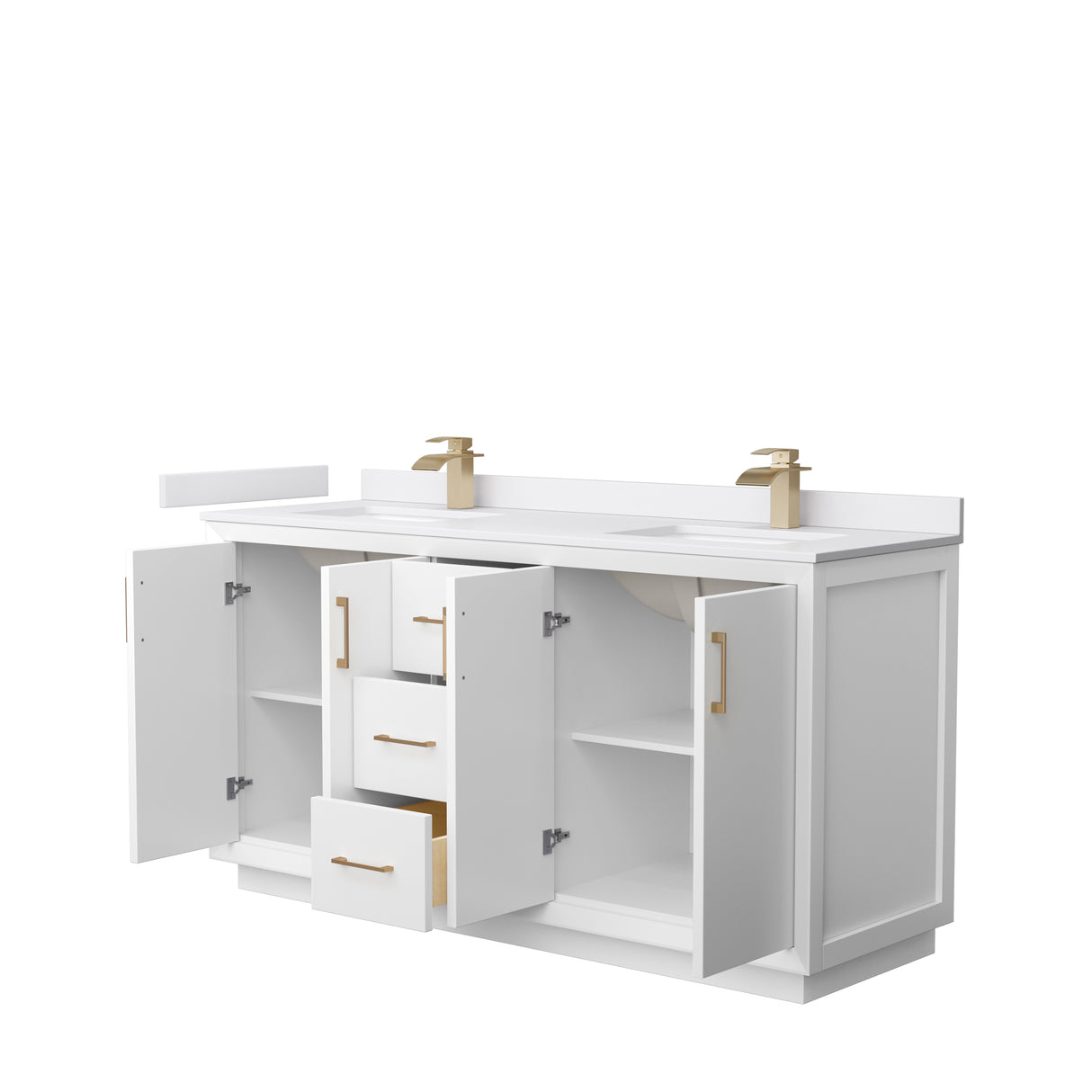 Strada 66 Inch Double Bathroom Vanity in White White Cultured Marble Countertop Undermount Square Sink Satin Bronze Trim