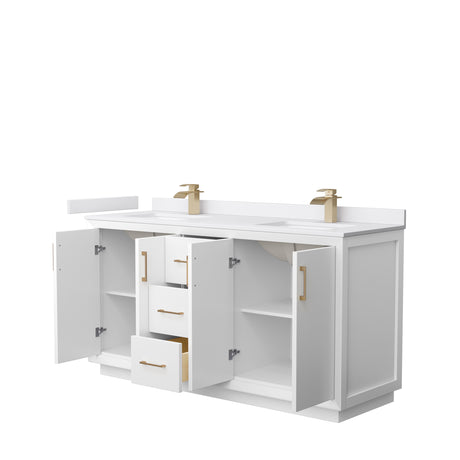Strada 66 Inch Double Bathroom Vanity in White White Cultured Marble Countertop Undermount Square Sink Satin Bronze Trim