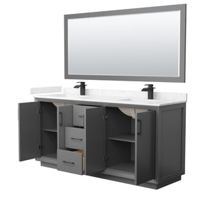Strada 72 Inch Double Bathroom Vanity in Dark Gray Carrara Cultured Marble Countertop Undermount Square Sink Matte Black Trim 70 Inch Mirror