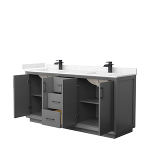 Strada 72 Inch Double Bathroom Vanity in Dark Gray Carrara Cultured Marble Countertop Undermount Square Sink Matte Black Trim