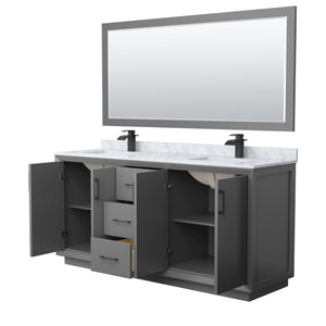 Strada 72 Inch Double Bathroom Vanity in Dark Gray White Carrara Marble Countertop Undermount Square Sink Matte Black Trim 70 Inch Mirror