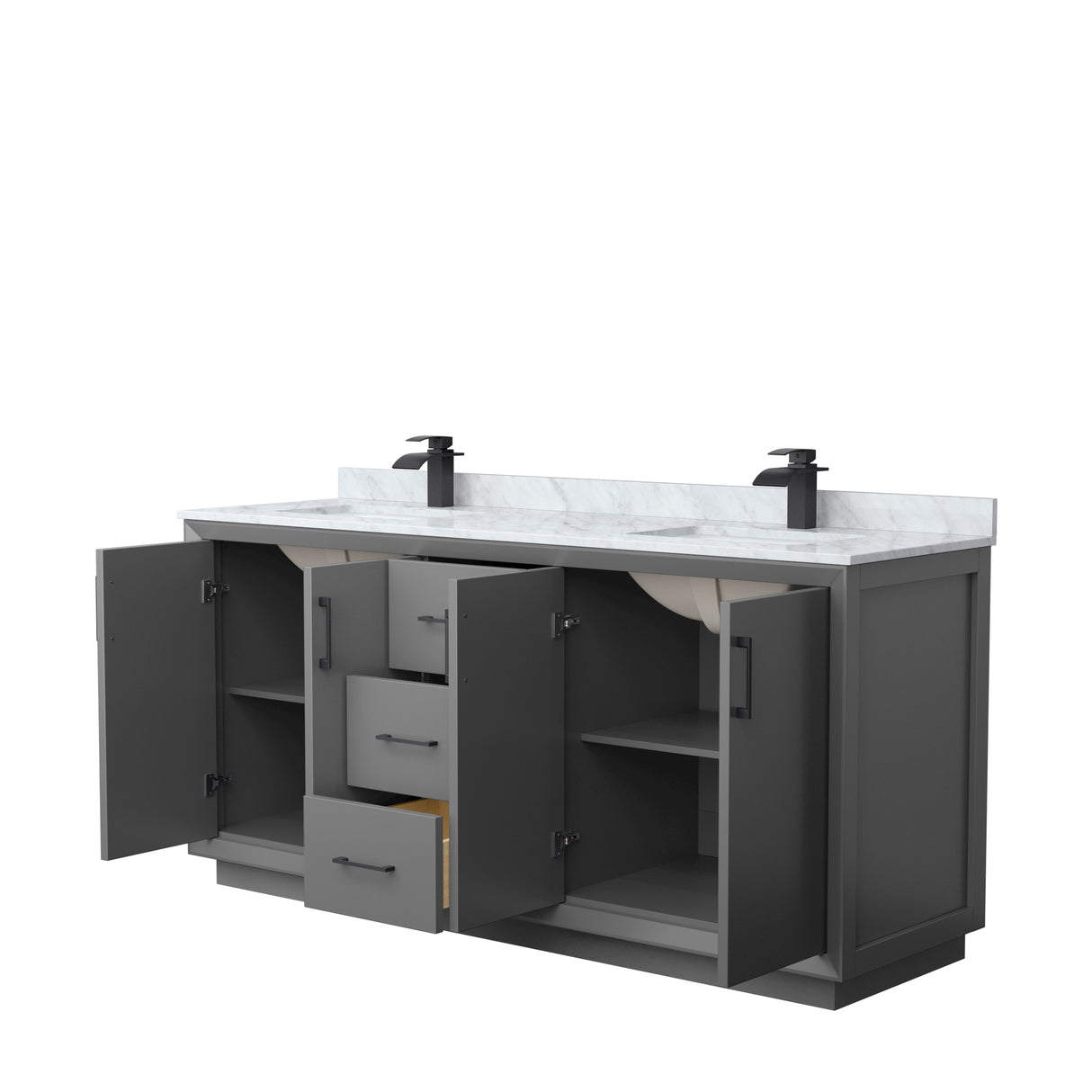Strada 72 Inch Double Bathroom Vanity in Dark Gray White Carrara Marble Countertop Undermount Square Sink Matte Black Trim