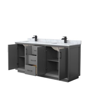 Strada 72 Inch Double Bathroom Vanity in Dark Gray White Carrara Marble Countertop Undermount Square Sink Matte Black Trim