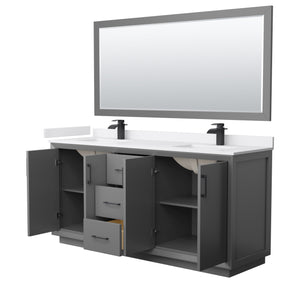 Strada 72 Inch Double Bathroom Vanity in Dark Gray White Cultured Marble Countertop Undermount Square Sink Matte Black Trim 70 Inch Mirror