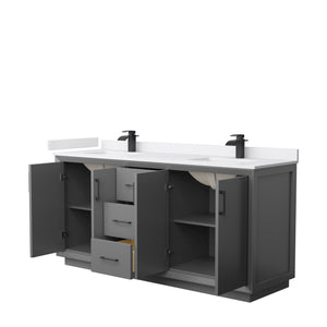 Strada 72 Inch Double Bathroom Vanity in Dark Gray White Cultured Marble Countertop Undermount Square Sink Matte Black Trim