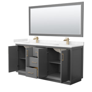 Strada 72 Inch Double Bathroom Vanity in Dark Gray Carrara Cultured Marble Countertop Undermount Square Sink Satin Bronze Trim 70 Inch Mirror