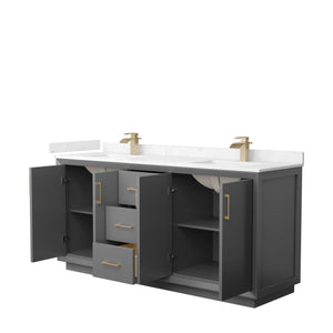 Strada 72 Inch Double Bathroom Vanity in Dark Gray Carrara Cultured Marble Countertop Undermount Square Sink Satin Bronze Trim