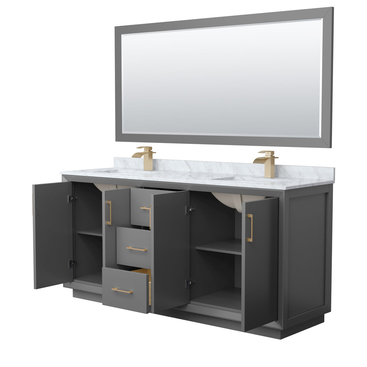 Strada 72 Inch Double Bathroom Vanity in Dark Gray White Carrara Marble Countertop Undermount Square Sink Satin Bronze Trim 70 Inch Mirror