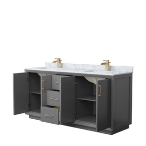 Strada 72 Inch Double Bathroom Vanity in Dark Gray White Carrara Marble Countertop Undermount Square Sink Satin Bronze Trim