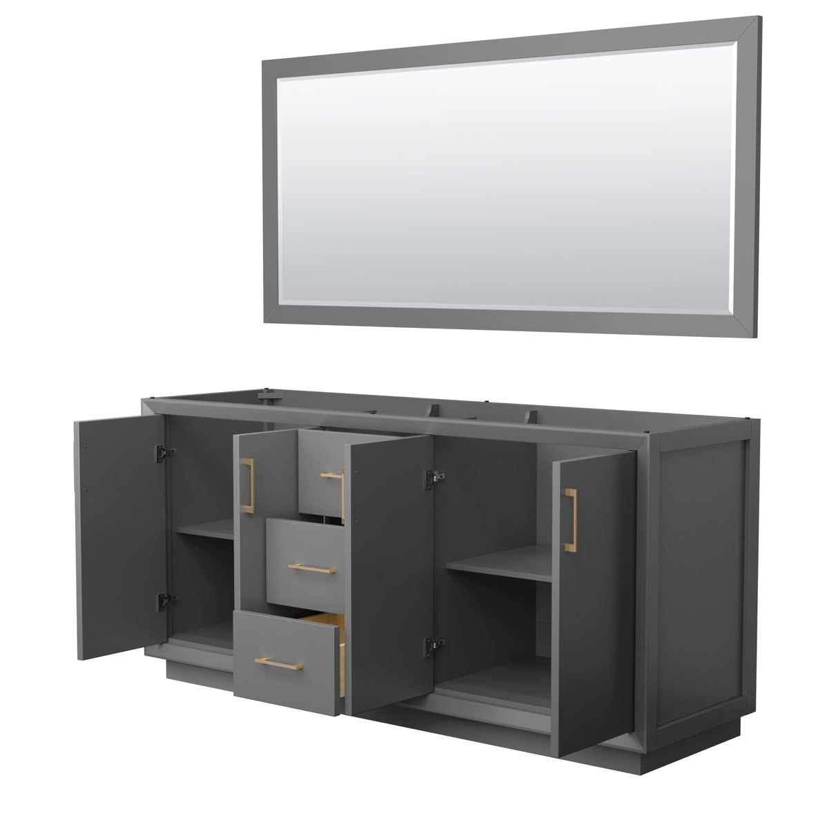 Strada 72 Inch Double Bathroom Vanity in Dark Gray No Countertop No Sink Satin Bronze Trim 70 Inch Mirror