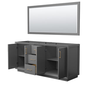 Strada 72 Inch Double Bathroom Vanity in Dark Gray No Countertop No Sink Satin Bronze Trim 70 Inch Mirror